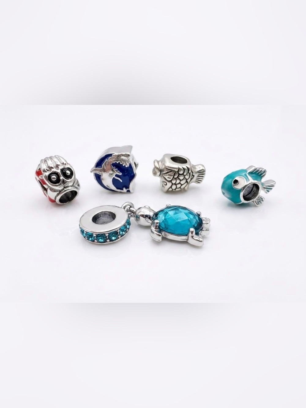 5 Silver Sea-Life Pandora Style Charms with Dangling Turtle